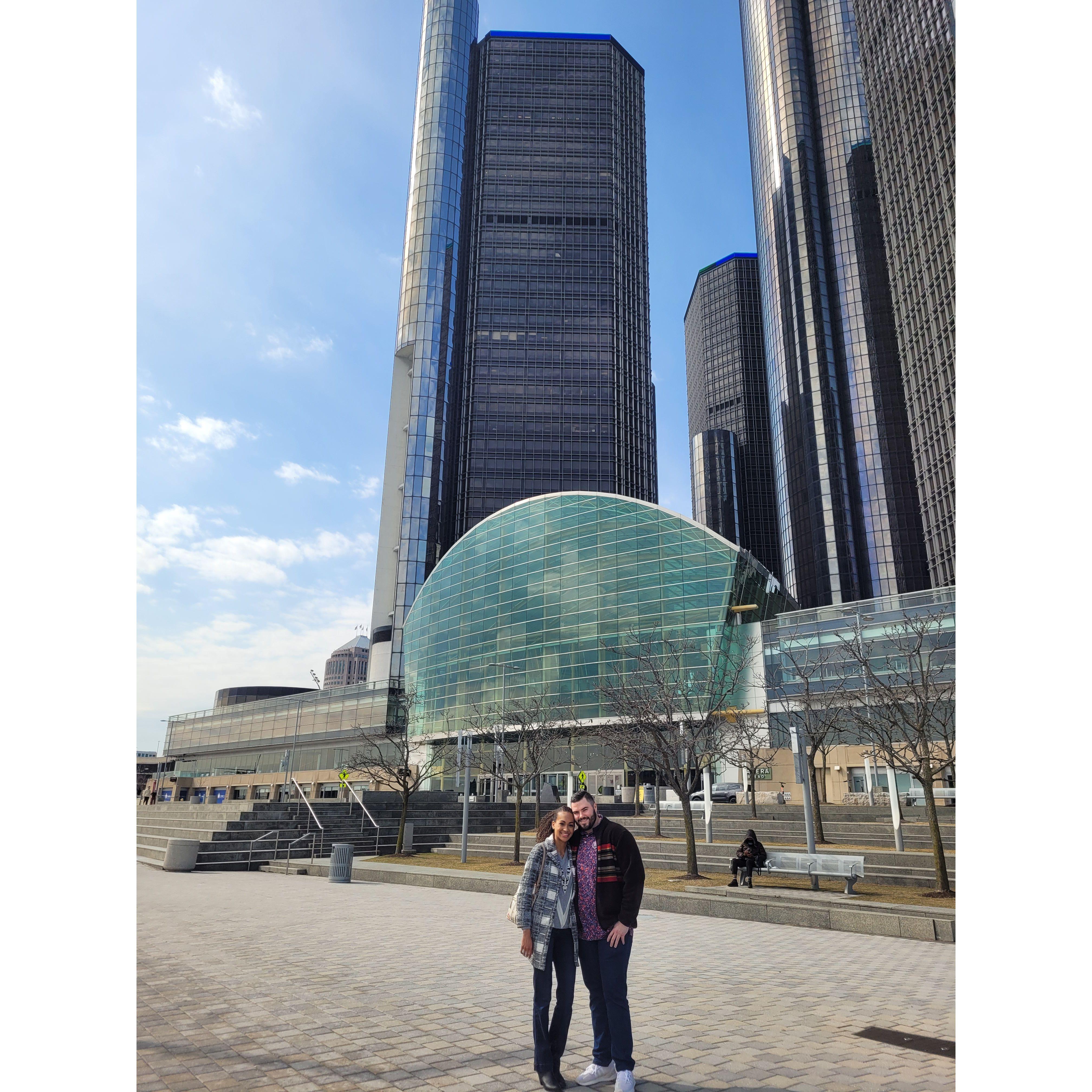 The GM Renaissance Center on the Detroit Riverwalk! Canada is across the river!