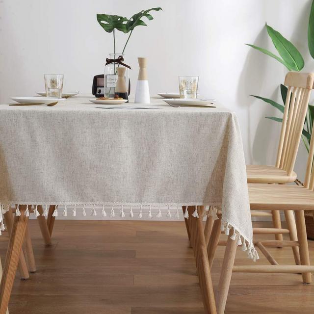 Lahome Solid Color Tassel Tablecloth - Cotton Linen Table Cover Kitchen Dining Room Restaurant Party Decoration (Rectangle - 55" x 70", Linen)