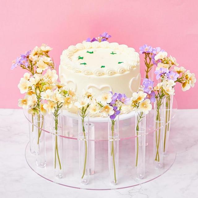 Sintuff Clear Acrylic Cake Stand Fit 14 Inch Round Dessert Display Stand with String Light 15 Tube Cake Riser Cake Cylinder Floral Stand for Dining Table Birthday Wedding Home Party(13.98 Inch)