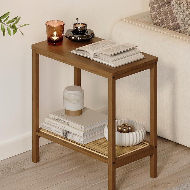 Rattan Side Table Mid Century Modern End Table Living Room 2-Tier End Table with Rattan Storage Shelves for Small Space Night Stand Narrow Coffee Table Boho Bamboo Small Bedside Table