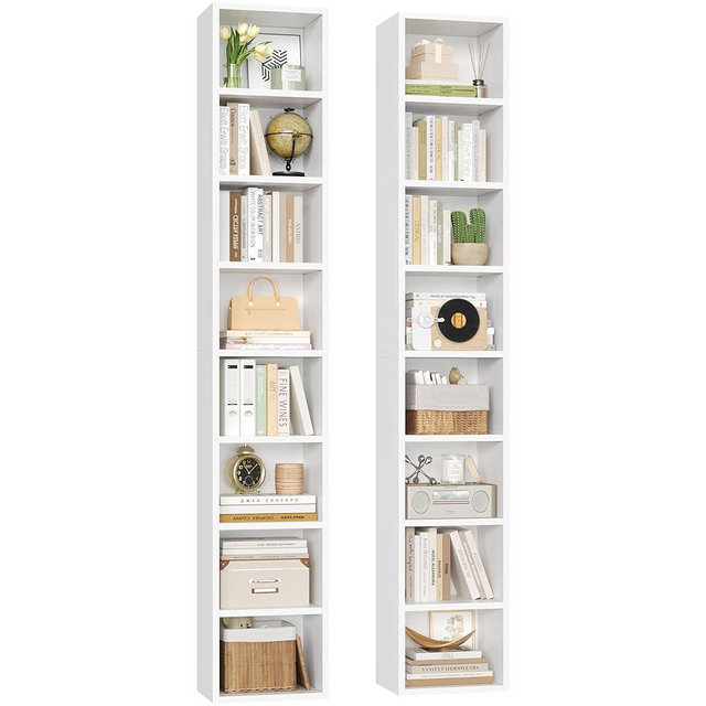 FOTOSOK 2 Pcs 71'' Tall Narrow Bookshelf, 8-Tier Media Tower Rack Set of 2, CD DVD Storage Cabinet with Adjustable Shelves, Tall Narrow Bookcase Skinny Display Bookshelf Slim Shelf, White