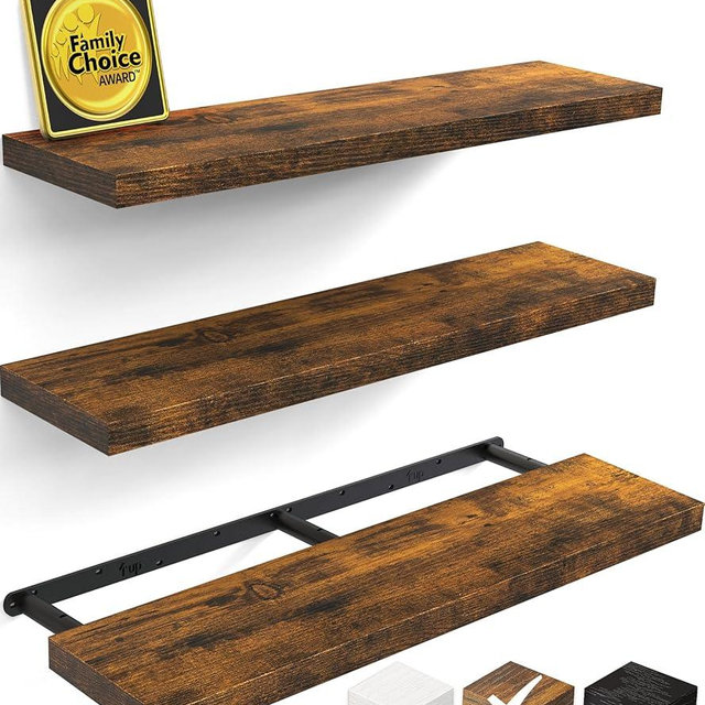 BAYKA Floating Shelves for Wall, 36 inches Wall Mounted Rustic Wood Shelves for Bathroom, Bedroom, Living Room, for Storage/Decor with 30lbs Capacity（Rustic Brown,Set of 3