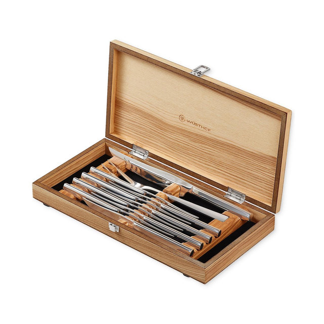 Wüsthof 10-Piece Stainless Steak Knife & Carving Set in Olivewood Chest