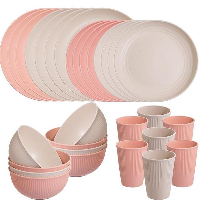 LIYH 32pcs Pink Wheat Straw Dinnerware Sets,Service for 8,Pink and Beige Plates and Bowls Sets,Microwave & Dishwasher Safe,Reusable Dish Set 16pcs Plates, 8pcs Bowls, 8pcs Cups.