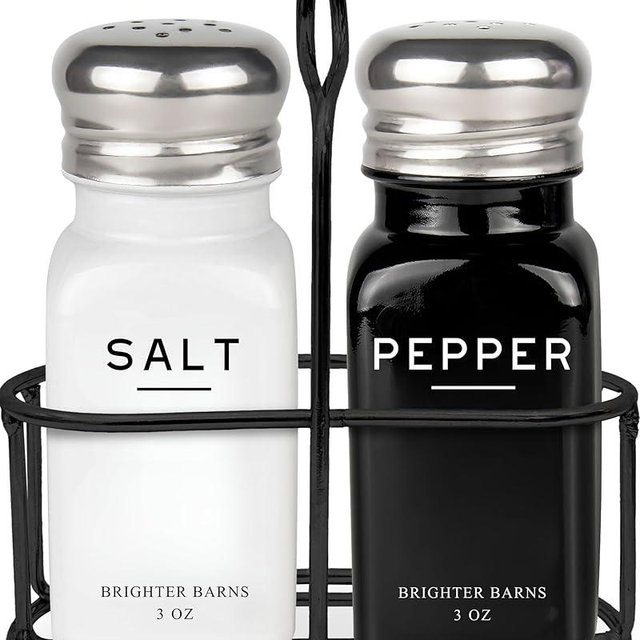 Farmhouse Salt and Pepper Shakers Set with Holder by Brighter Barns - Modern Kitchen Decor and Accessories, Dining Table Decor - Cute Glass Salt Shaker with Caddy for Restaurants, Gifts (Black/White)