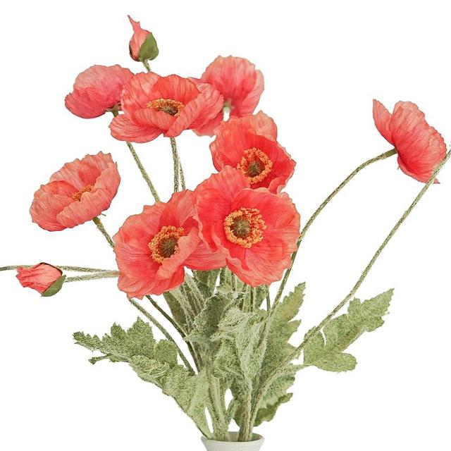 Kamang Artificial Poppy Red Silk Flowers (3 Stems) for Home Decor. Faux Poppy Flower Centerpiece. Artificial Red Coral Flower Arrangement. Red Poppy Floral Arrangements Centerpieces (Rose Coral)