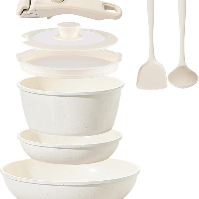 Ceramic Cookware Set Non Stick 8Pcs Pots and Pans Set Detachable Handle Induction Kitchen Cooking Set with Frying Pans Oven Dishwasher Safe, PFAS/PFOA Free, Cream White