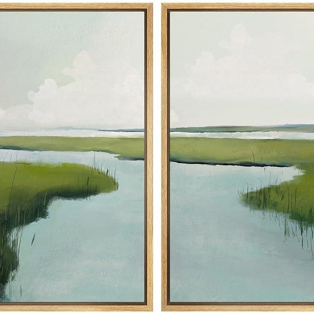 Ashbrook Framed Canvas Print Wall Art Coastal Marshland Landscape Tranquil Green Wetland Painting with Water Reflections Illustrations Modern Calm for Living Room, Bedroom, Office - 16"x24"x2 Natural