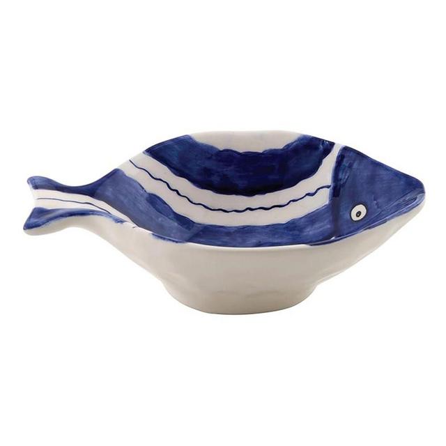 47th & Main Fish Shaped Dish Ceramic Serving Bowl for Entertaining, 6" L x 4" W x 2" H, Blue/White