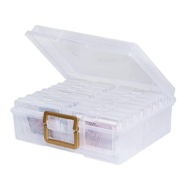 novelinks Photo Case 4" x 6" Photo Box Storage - 16 Inner Photo Keeper Photo Organizer Cases Photos Storage Containers Box for Photos (Clear-Gold Handle)