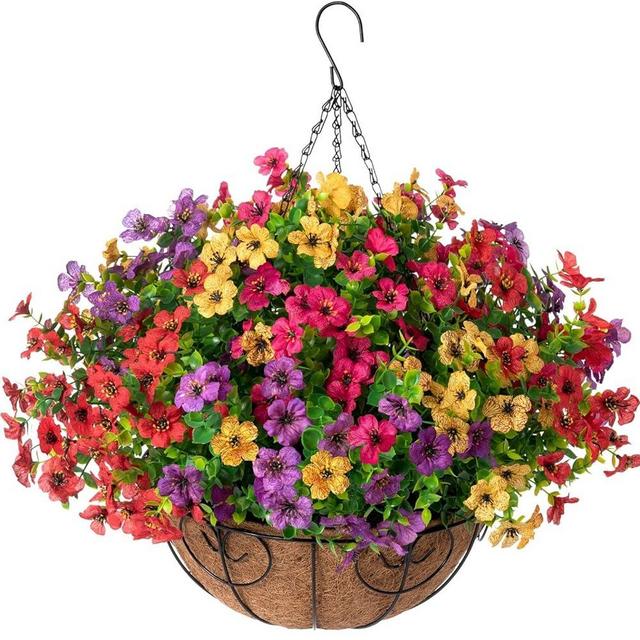 HyeFlora Artificial Faux Hanging Plants Flowers Basket for Spring Summer Outdoor Outside Porch Decoration, Fake Silk Colorful Daisy Eucalyptus UV Resistant Look Real for Home Patio Balcony Yard