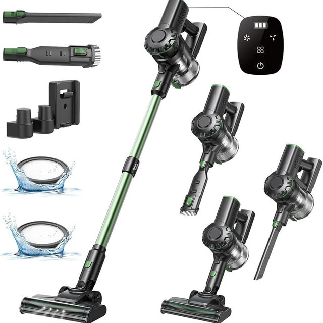 Vexilar Cordless Vacuum Cleaner, 550W/45Kpa/60Mins, Cordless Stick Vacuum Cleaner with Self-Standing and Touch Screen, 6-in-1 Lightweight, Rechargeable Vacuum for Pet Hair Carpet Hardwood (Green)