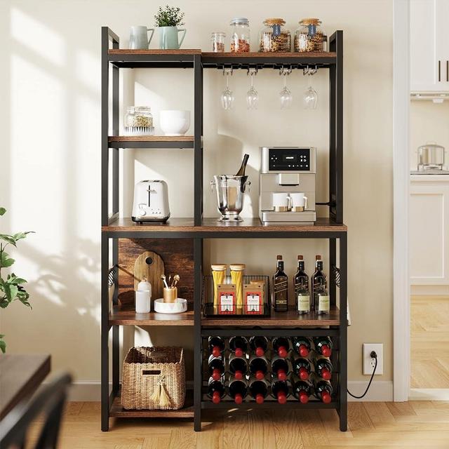 YITAHOME Kitchen Microwave Bakers Stand Wine Rack, Coffee Bar Storage for Liquor Glasses Power Outlet, Wine Rack Freestanding Floor Tall Farmhouse Shelf Dining Room Hutch 35 Inch Large, Rustic Brown