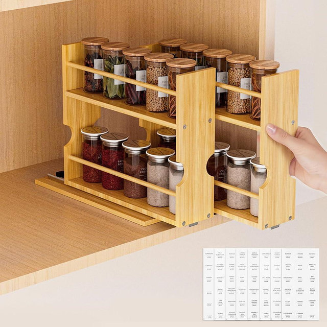 Jolitac Bamboo Pull Out Spice Rack for Cabinet, Slide Out Drawers, Space-Saving Seasoning Kitchen Pantry Sliding Vertical Organization, Easy to Install, 6" Wide, 2 Drawers(1.85" Wide), 2-Tier