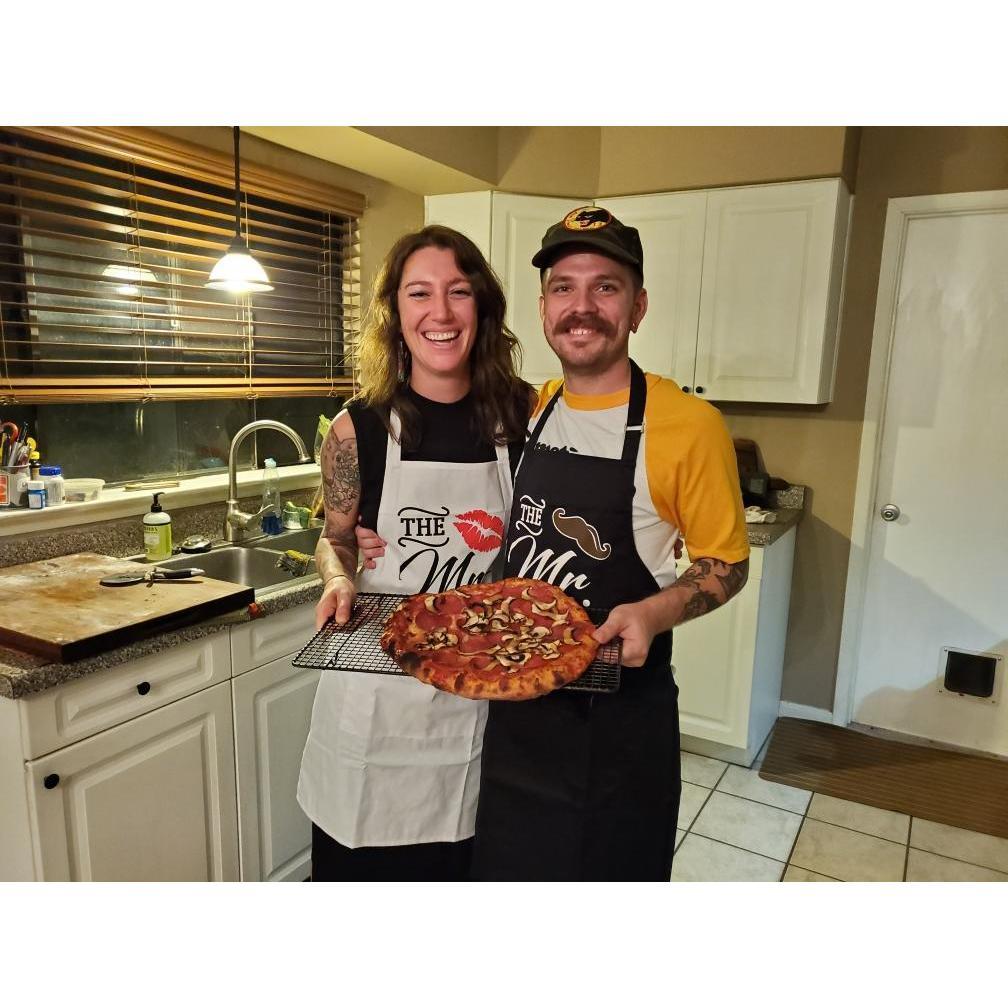 Pizza night with our new aprons, thank you Stephanie!