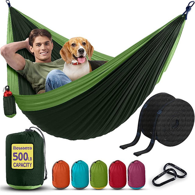 Durable Hammock 500 lb Capacity - Lightweight Nylon Camping Hammock Chair - Double or Single Sizes w/ Tree Straps and Attached Carry Bag - Portable for Travel/Backpacking/Beach/Backyard (Large,Green)