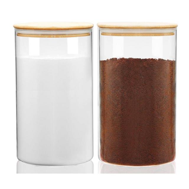 Recceng Glass Flour Containers with Lids Airtight 130 oz, Set of 2 Large Glass Jars for Flour and Sugar Wide Mouth with Wooden Lids, Flour Canister Glass for Baking Jars with Bamboo Lids for Coffee