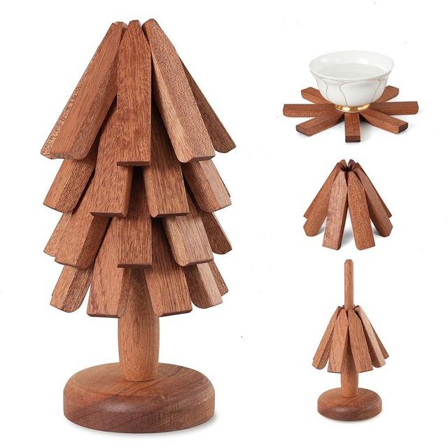 Fzaqwen Wooden Trivets for Hot Dishes - Walnut Tree Shape Table Insulation Mat Set for Hot Pots and Pans Collapsible Coasters Heat Resistant Pads for Kitchen Counter(4 Wooden Trivet + 1 Stand)