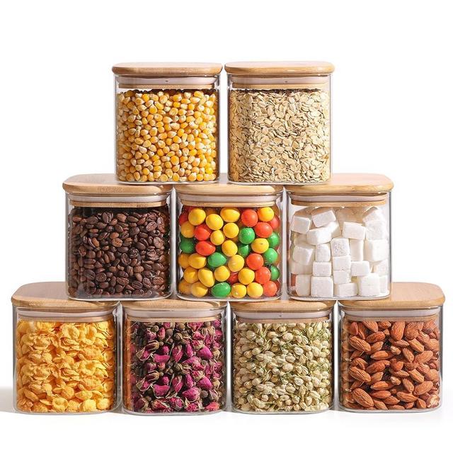 ComSaf 24oz Glass Food Storage Jars Set of 9, Clear Glass Storage Containers with Bamboo Lids, Pantry Organization Jar, Spice, Blooming Tea, Coffee and Sugar Container, Small Canister Set for Kitchen