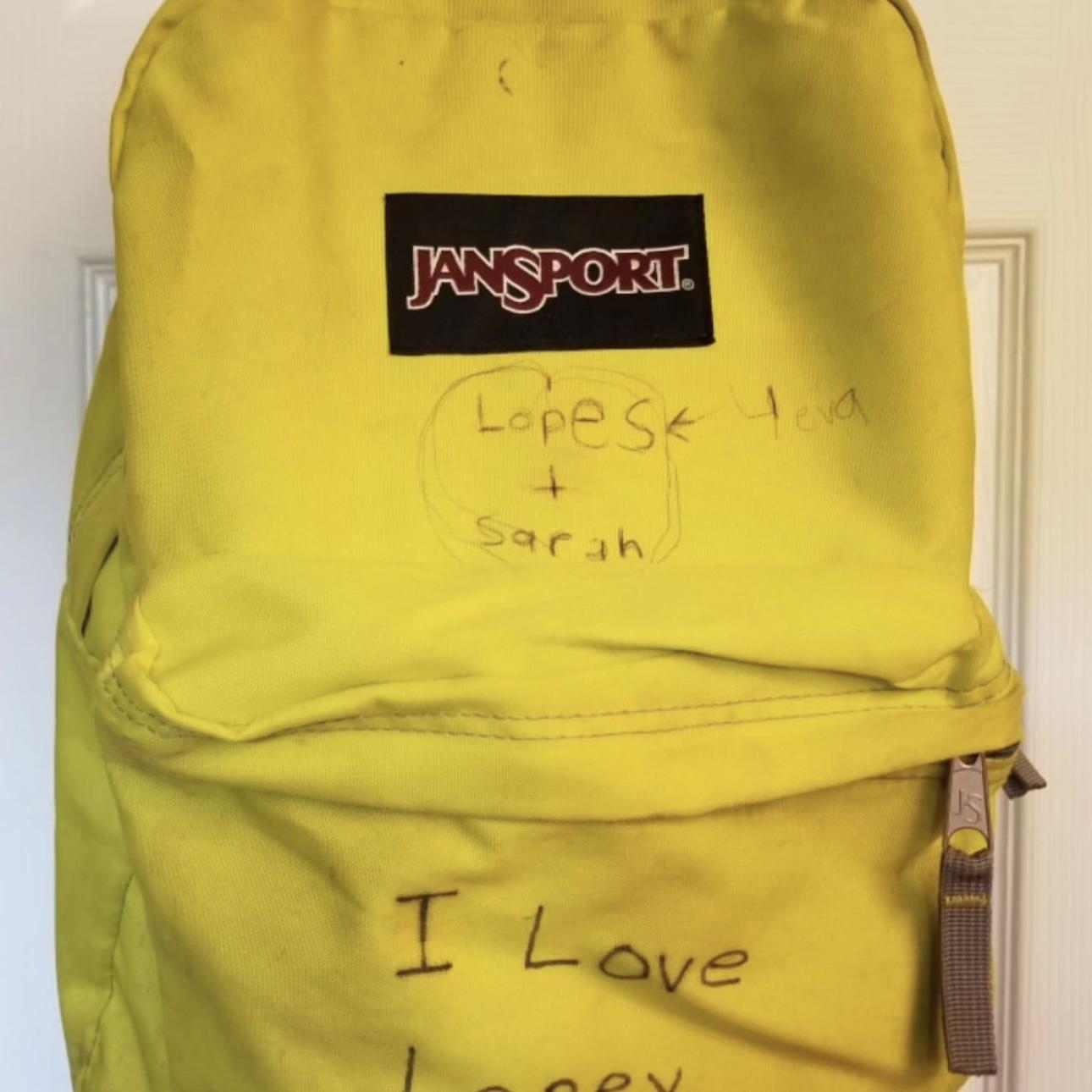 Sarah’s bright yellow backpack that David wrote “I LOVE LOPEY” all over before they ever actually dating. talk about speaking it into existence!!