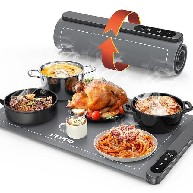 FEPPO Electric Food Warming Mat with 6 Level Adjustable Temperature and 6 Hours Timer, Upgrade High-tech Graphene Heating Film, Fast Full Surface Heating Mat, Roll Up Food Warmers for Parties Buffet