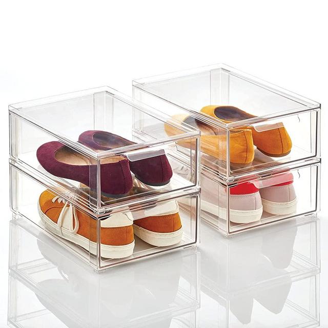 mDesign Plastic Stackable Closet Storage Box with Pull-Out Drawer - Container for Organizing Men's and Women's Shoes, Sandals, Wedges, Flats, Heels, and Accessories, 4" High - 4 Pack - Clear