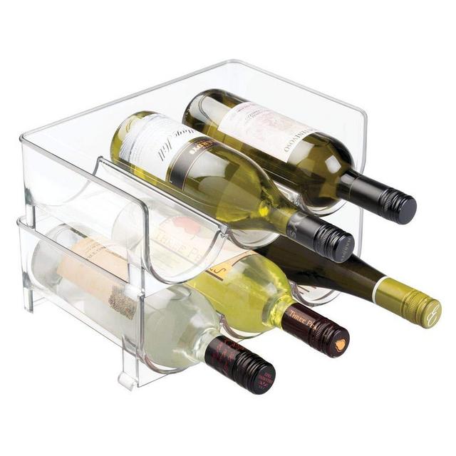 mDesign Modern Plastic Stackable Vertical Standing Wine Bottle Holder Stand - Storage Organizer for Kitchen Countertops, Pantry, Fridge - Each Rack Holds 3 Bottles, 2 Pack - Clear