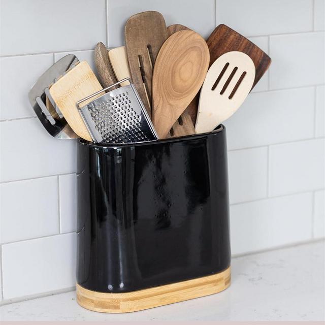 DAILY RITMO Large Kitchen Black Utensil Holder for Countertop with Bamboo Wooden Base | Minimalistic Cooking Utensils | Ceramic Tool Crock | Cylindrical Oval Shape | Narrow Spatula Organizer