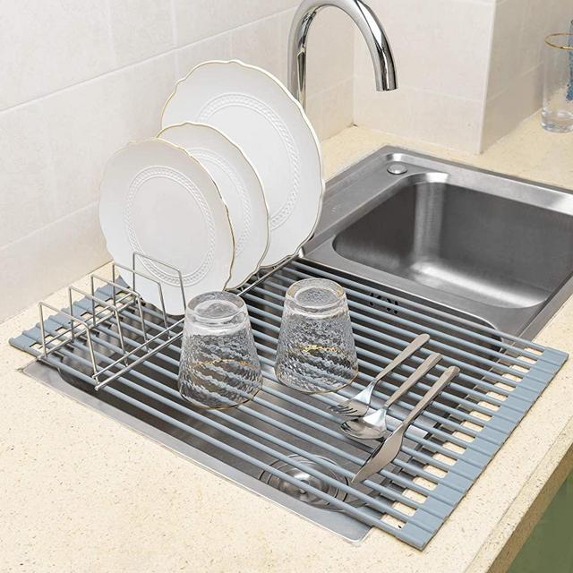iPEGTOP X-Large 20.5" Roll-Up Dish Drying Rack Over The Sink Dishes Pan Drying Rack - Multipurpose Dish Drainer with Lid Plates Holder - Durable Silicone Covered Stainless Steel