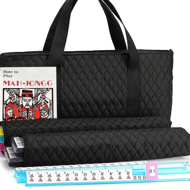 American Mahjong Game Set - Black Quilted Soft Bag 166 Premium Tiles with 4 All-in-One Rack/Pushers,100 Chips, Wind Indicator, English Manual. Easy Carry Complete Classic Mah-Jongg Set