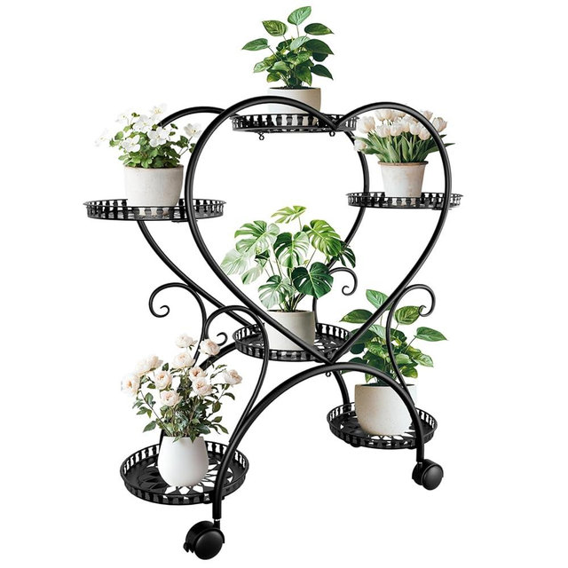 unho Metal Plant Stand 6-Potted Heart-shaped Flower Pot Holder with Wheels Shelf Rack for Patio Balcony Yard Garden Home Decor for Patio Porches Balcony Planters Black