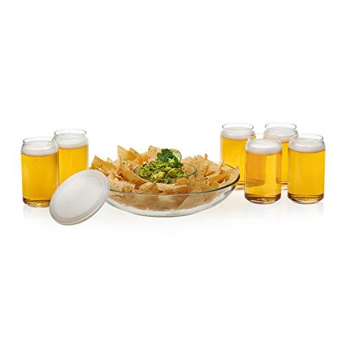 Libbey Game Night Entertaining Set with 6 Classic Can Tumblers and Chip and Dip Bowls with Plastic Lid