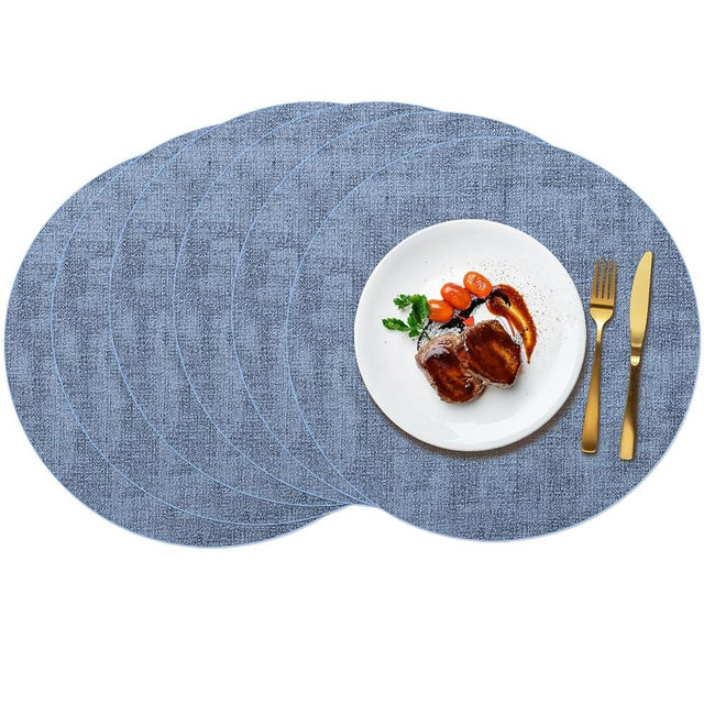 Maxpearl Round Placemats Set of 6, 13.8 inch Faux Leather Heat Resistant Table Mats, Non Slip Waterproof Wipeable Place Mats for Kitchen Dining Holiday Party Table Settings, Blue