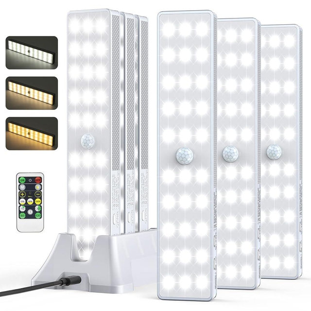 LED Closet Light with Charging Station, 3 Color Temperatures 30LEDs Dimmer Rechargeable Motion Sensor Under Cabinet Lighting with Remote Control, Wireless Stick-on Night Light for Kitchen-6 Pcs