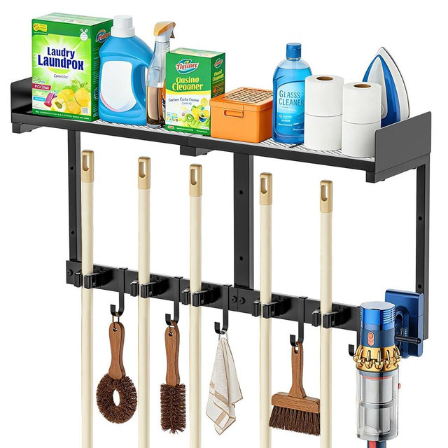 HUFAND Broom Holder Wall Mount, 27" Large Mop and Broom Organizer Wall Hanging with Top Storage Shelf & Vacuum Hook, Heavy Duty Iron Utility Rack for Laundry Room, Garage, Kitchen, Garden - Black