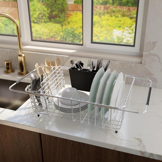 KESOL Medium-Sized Over-The-Sink Dish Drying Rack with Expandable Design and Dual Utensil Holders (1 Premium SUS304 Steel & 1 Plastic) | 304 Stainless Steel, Rustproof Dish Drainer