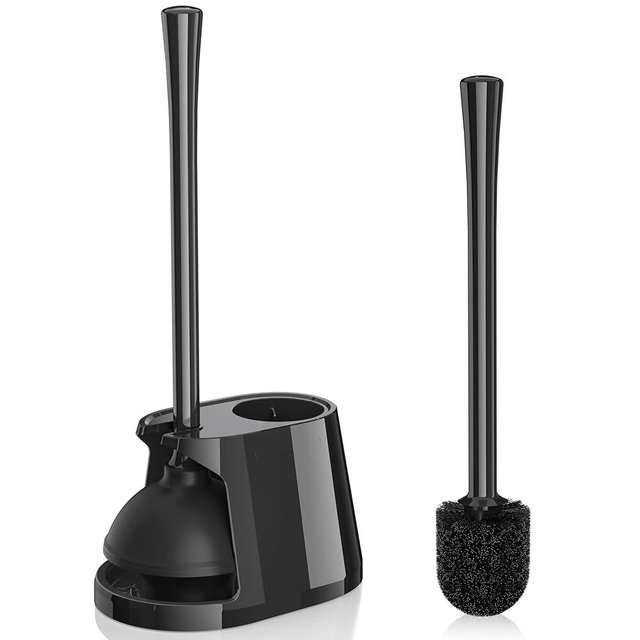 Toilet Plunger and Brush Set, Bowl Brush and Heavy Duty Toilet Plunger with Ventilated Holder, 2-in-1 Toilet Brush and Plunger Combo for Bathroom Deeply Cleaning（Black）