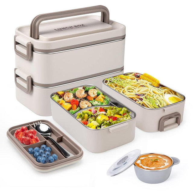 Reabulun Bento Box Adult Lunch Box, Stackable 2 Layer 304 Stainless Steel Lunch Container for Adults Kids Office, 2L Large Capacity Portable Lunch Box Containers with Soup Bowl Spoon and Fork