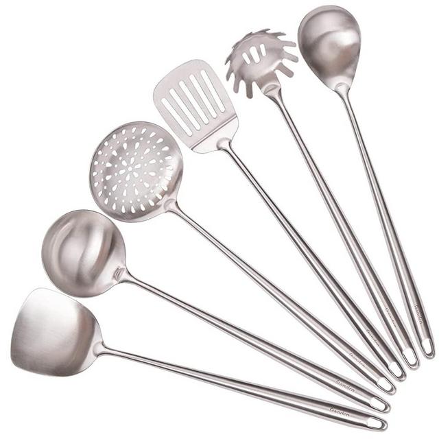 17Inch 304 Stainless Steel Kitchen Utensils Set, Standcn 6-Pieces Long Handle Cooking Utensil with Wok Spatula, Ladle, Slotted Spoon, Slotted Spatula Turner, Spaghetti Server, Solid Spoon