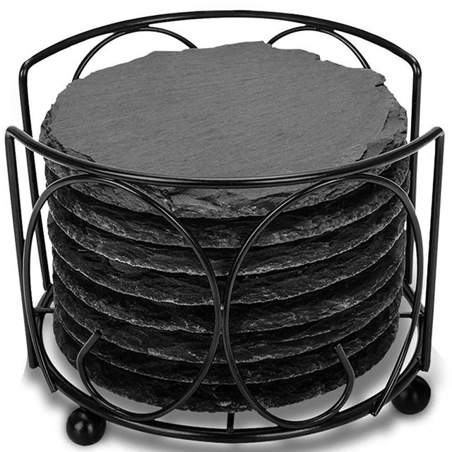 Slate Drink Coasters with Metal Holder, GOH DODD 4 Inch 8 Pieces Black Stone Coasters Bulk Cup Coaster Set for Bar Kitchen Home Apartment, Round
