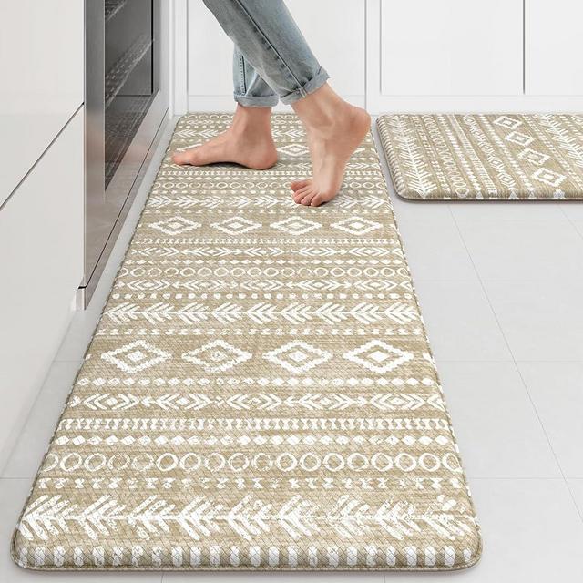 KIMODE Kitchen Mats 2PCS,Cushioned Anti Fatigue Boho Kitchen Rugs and Mats,Non Slip Waterproof Kitchen Mats for Floor,Comfort Foam Standing Desk Mat for Home,Office,Sink,Laundry,Khaki and White