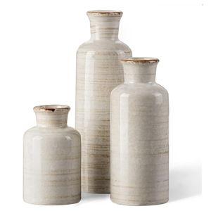 CwlwGO- Ceramic Rustic Vase 3 Piece Set,Small vase for Country Home Decoration,Modern Farmhouse Decor, Living Room Table Decoration, Bookcase, Fireplace and Entrance Decorations.(White)
