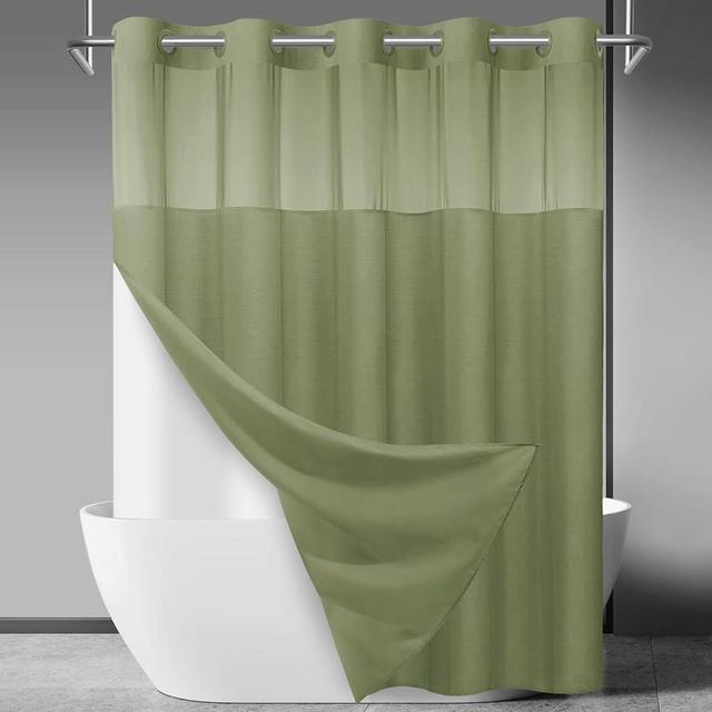 SORTTO No Hook Slub Textured Shower Curtain with Snap in Liner - Sage Green Fabric Outer Curtain & Waterproof Inner Liner, Hotel Style with See Through Top Window, 71x74 in