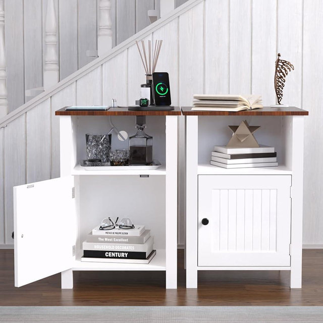 Furnify Farmhouse Nightstand Set of 2, Night Stand with Charging Station and USB Port, Modern Nightstand with Storage Shelf, Rustic Side Table with Open Space, Side Table for Bedroom, White