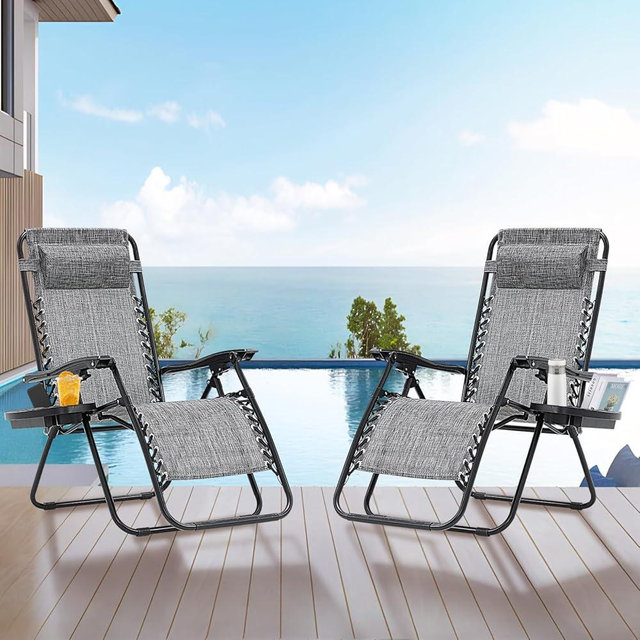 BUPPLEE Zero Gravity Chairs Set of 2, Reclining Camping Chair with Adjustable Pillow and Cup Holder Trays, Reclining Folding Outdoor Chairs for Poolside Backyard and Beach (Gray-2)