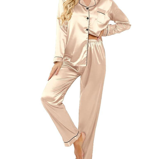 Ekouaer Women's Classic Button Down Long Satin Silk Pajama Set