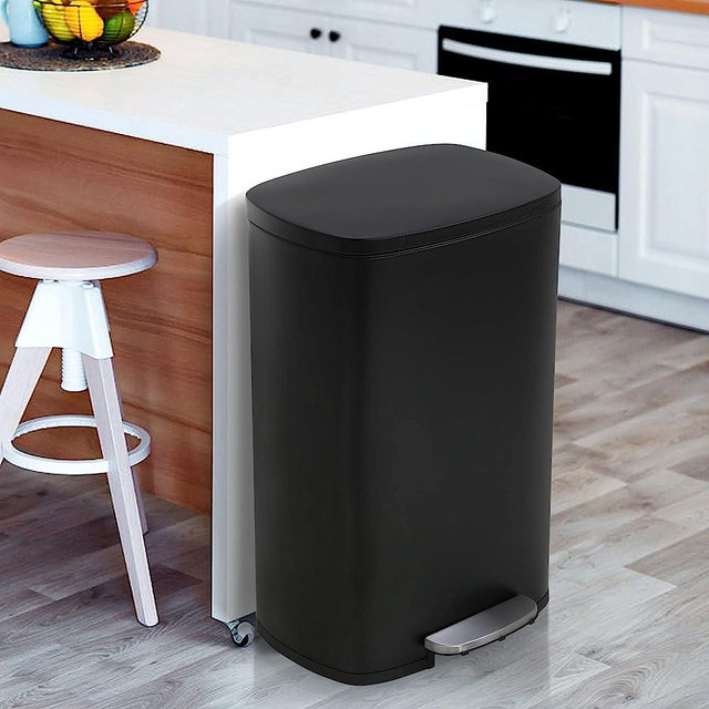 13 Gallon Trash Can, Brushed Stainless Steel Kitchen Trash Can with Soft-close Lid, Fingerprint-resistant Kitchen Garbage Can with Foot Pedal and Inner Bucket, Odor Proof Trash Can Garbage Can, Black