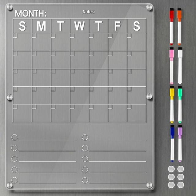 Large Acrylic Magnetic Calendar for Refrigerator, 2in1 Clear Fridge Calendar, Monthly Planning Board with To Do List, for Businees Meetings/Grocery List, 8 Color Markers -14.5''*11.5''