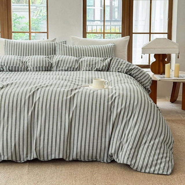BESTDESIL Striped Duvet Cover Set 100% Washed Cotton Linen Like Soft Feelling Breathable Bedding(Olive Green/White Strip,Queen)