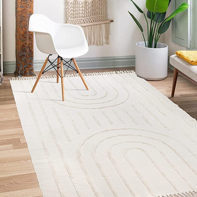 Lanffia Boho Area Rug 5' x 7'，Tufted Cotton Rainbow Living Room Rug Hand Woven Washable Farmhouse Tribal Floor Carpet for Entryway Bedroom Kitchen, Beige